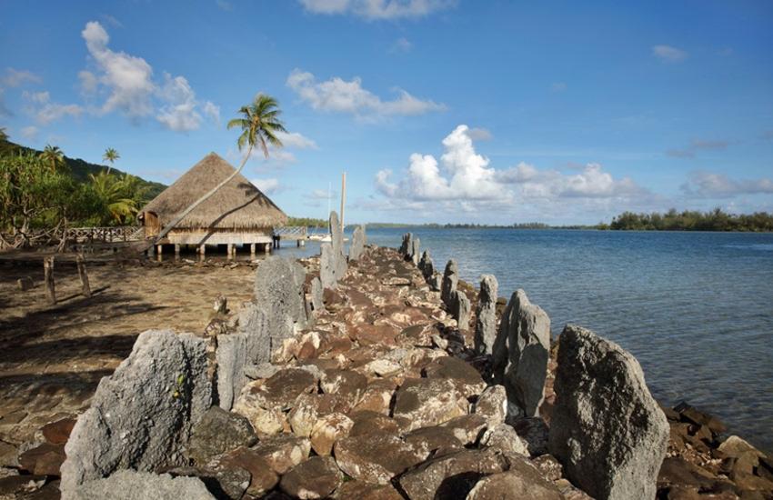 Marae Rauhuru, a stone courtyard with platform and standing stones, built by a Polynesian civilisation