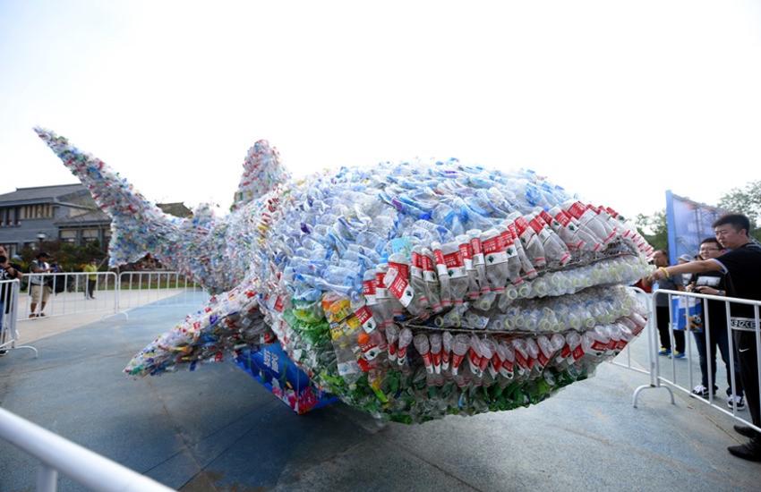 Whale made out of plastic at the UN High Level Political Forum, July 2018