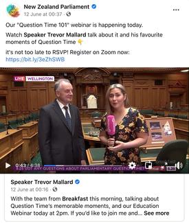 Webinaire «Heure des questions 101» via Zoom avec le Président du Parlement néo-zélandais.