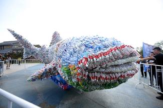Whale made out of plastic at the UN High Level Political Forum, July 2018